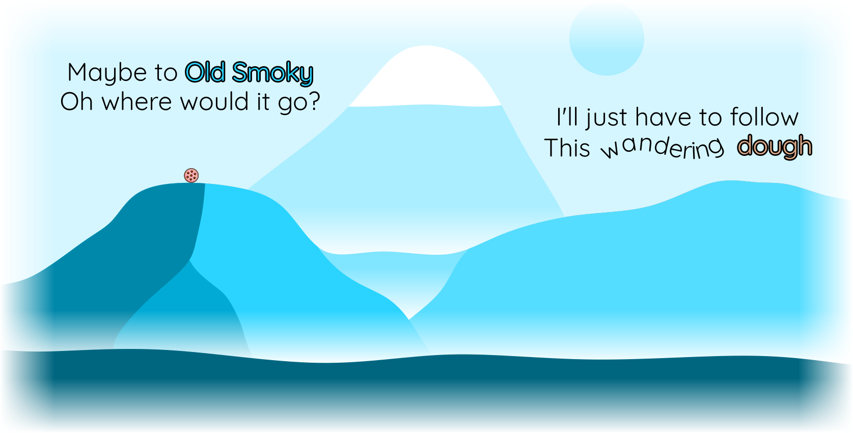 Illustration of a cookie traveling through the mountains